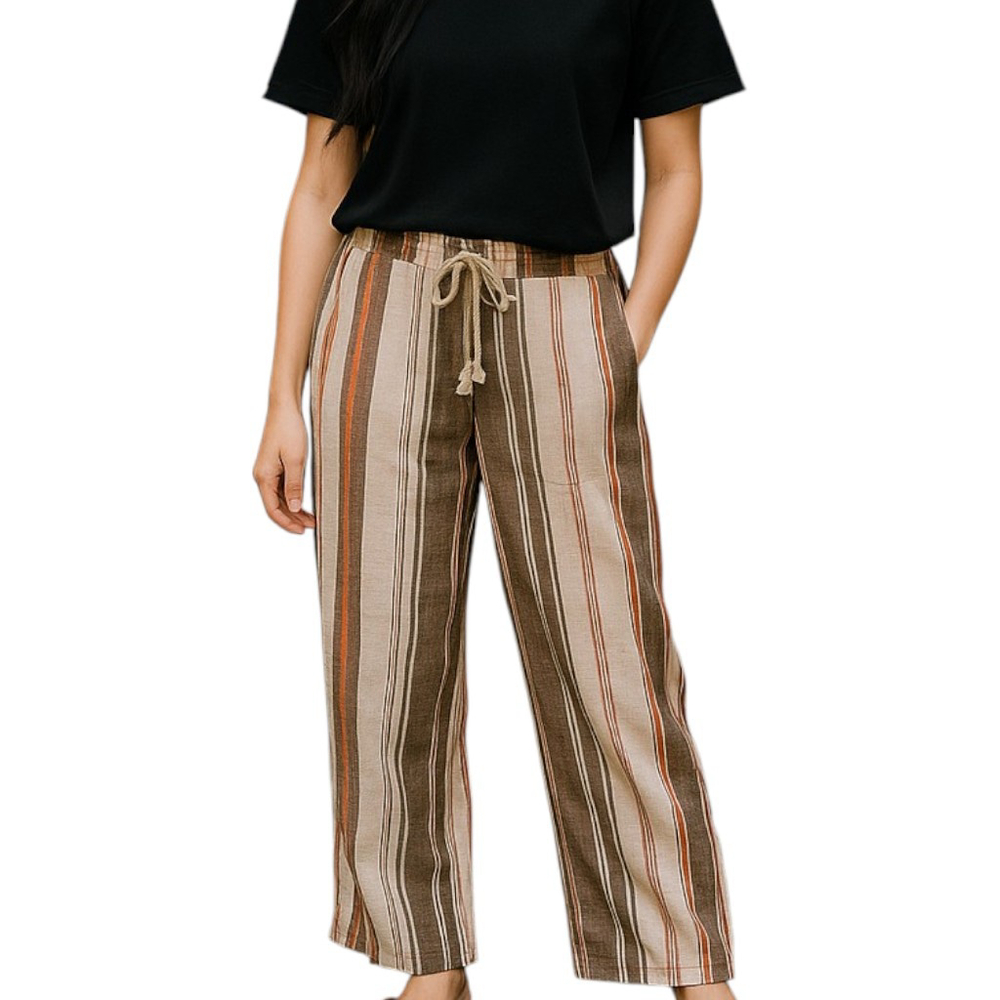 April Kiss Striped Linen Blend Pants Small Beige Boho